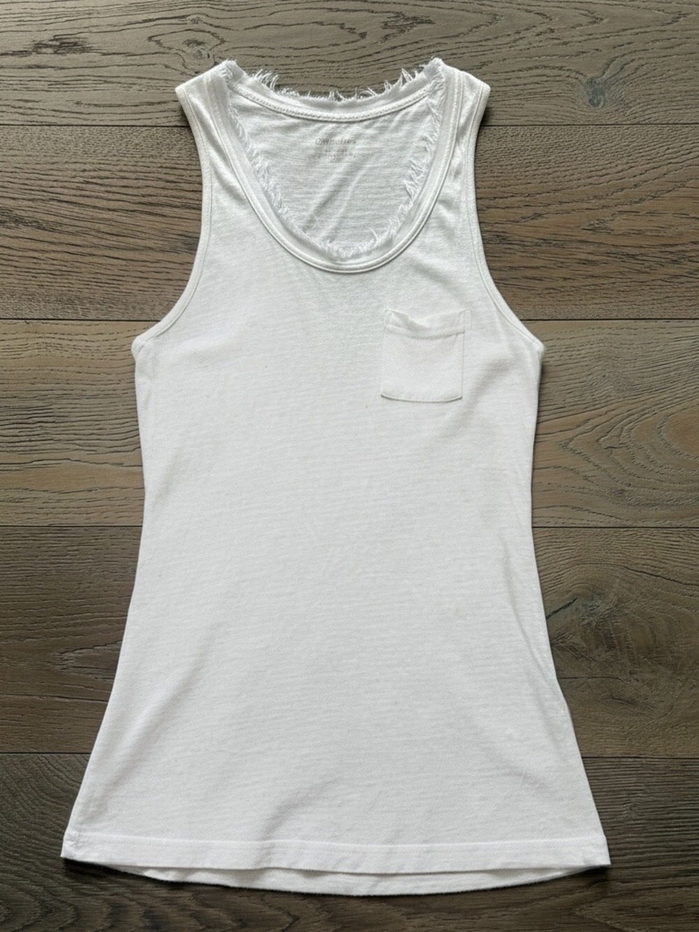 Calvin Klein White Frayed Edge Racerback Semi-Sheer Chest Pocket Tank Top-XS